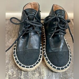 Chanel style toddler lace up Espadrille calfskin and canvas boots, size 6